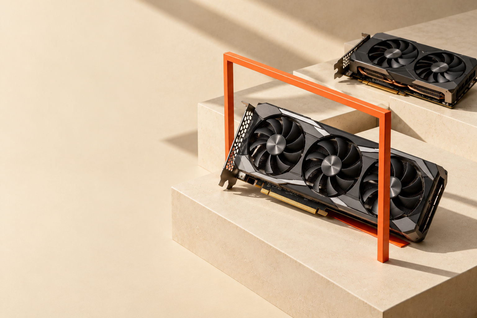 Two desktop graphics cards on stone plinths, with the front card inside an orange frame